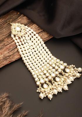 Gold Plated Kundan Studded And Beaded Chand Jhumar Passa