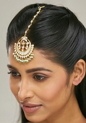 Gold Plated Pearls And Kundan Studded Maang Tikka Head Jewellery