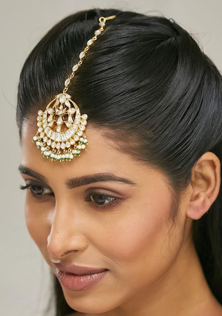 Gold Plated Pearls And Kundan Studded Maang Tikka Head Jewellery