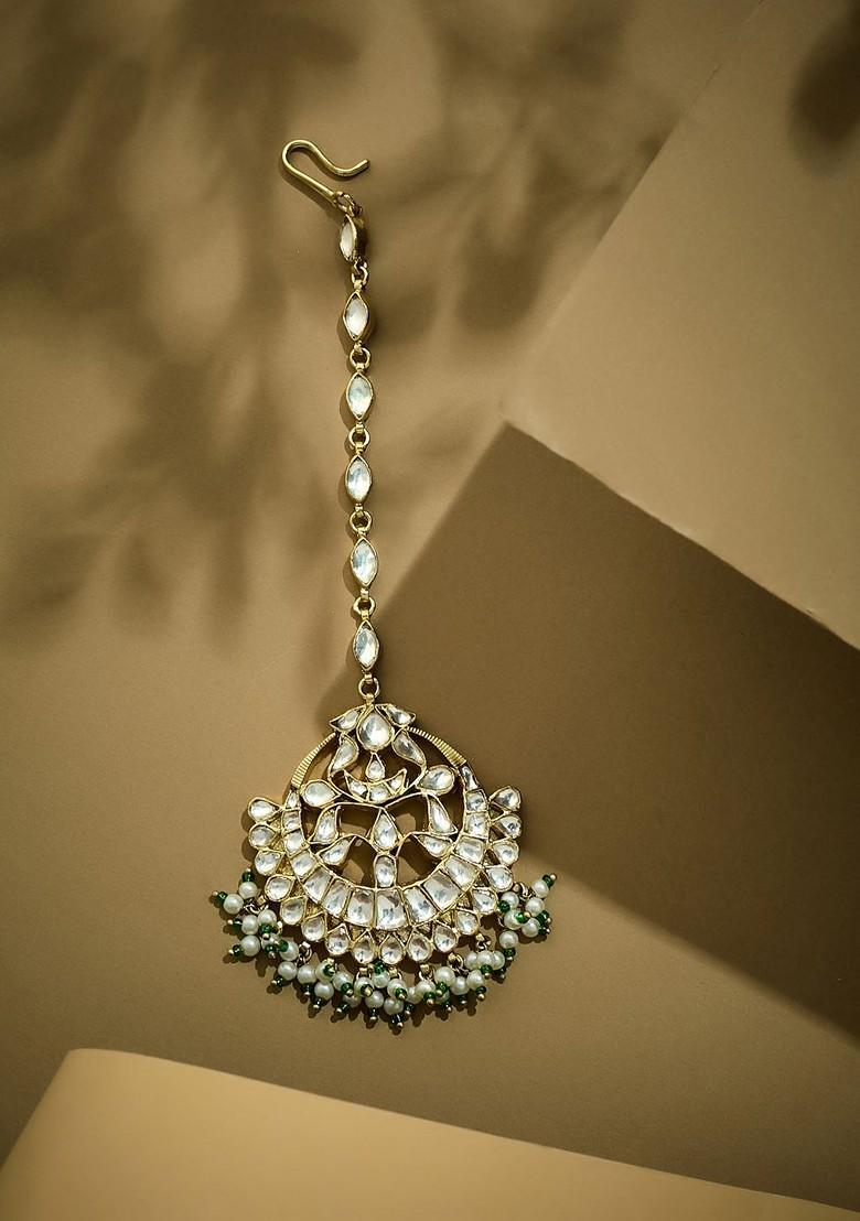 Gold Plated Pearls And Kundan Studded Maang Tikka Head Jewellery