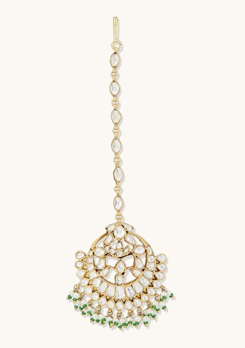 Gold Plated Pearls And Kundan Studded Maang Tikka Head Jewellery