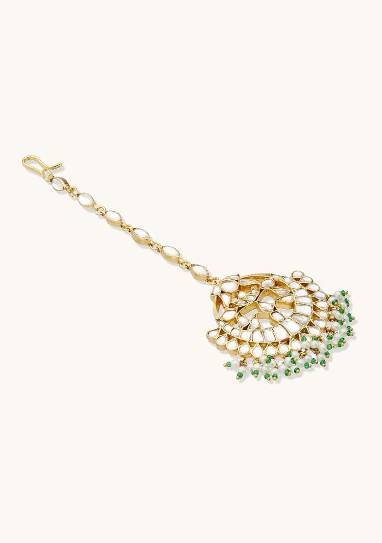 Gold Plated Pearls And Kundan Studded Maang Tikka Head Jewellery
