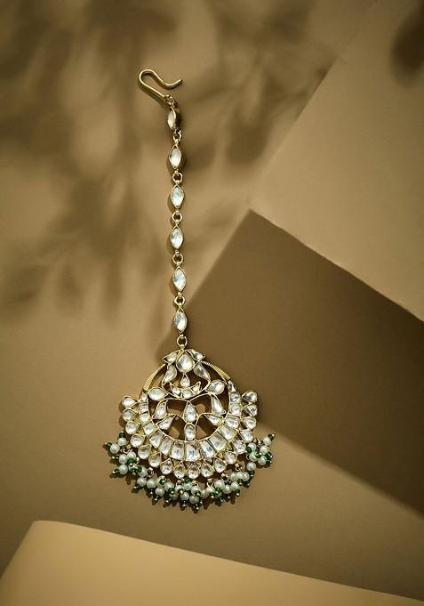 Gold Plated Pearls And Kundan Studded Maang Tikka Head Jewellery