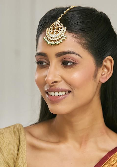 Gold Plated Pearls And Kundan Studded Maang Tikka Head Jewellery