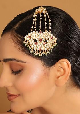 22K Gold Plated Kundan And Red Stone Studded Jhumar Paasa Head Jewellery