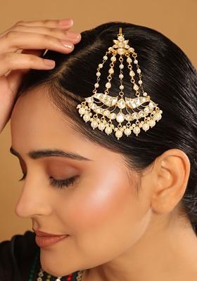 22K Gold Plated Kundan And Pearl Studded Jhumar Paasa Head Jewellery