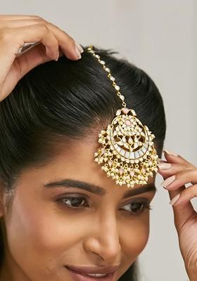 22K Gold Plated Pearls And Pink Kundan Studded Statement Maang Tikka Head Jewellery