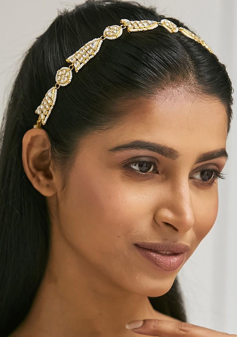 22K Gold Plated Kundan And Pearl Studded Matha Patti With Regal Motifs Head Jewellery