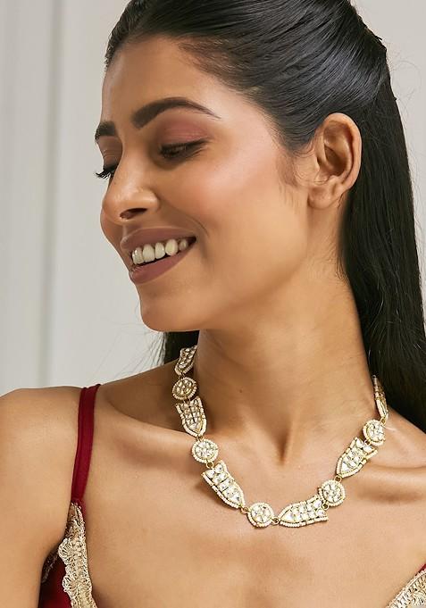 22K Gold Plated Kundan And Pearl Studded Matha Patti With Regal Motifs Head Jewellery