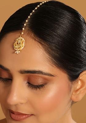 22K Gold Plated Kundan Studded Floral Motif Sleek Maang Tikka Head Jewellery