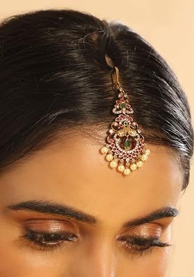 18Kt Gold Plated Zircon Studded And Beaded Maang Tikka