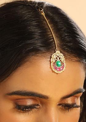 Gold Plated Kundan Studded And Pearls Beaded Matha Tikka