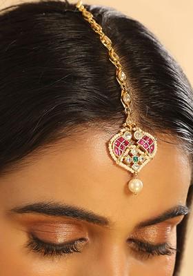 Gold Plated Kundan Studded And Pearls Beaded Matha Tikka