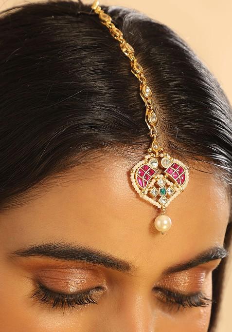 Gold Plated Kundan Studded And Pearls Beaded Matha Tikka