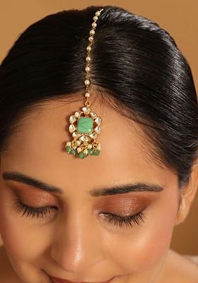 22K Gold Plated Kundan And Green Stone Embellished Maang Tikka Head Jewellery
