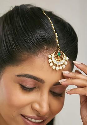 22K Gold Plated Green Stone And Kundan Studded Pearl Drop Maang Tikka Head Jewellery