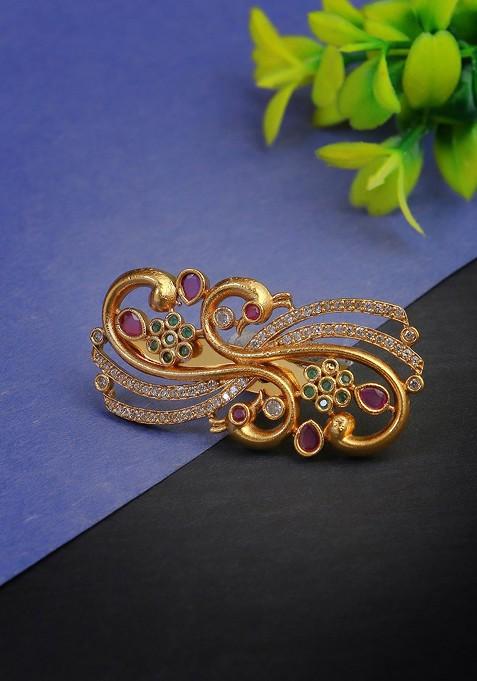 Gold Plated Stone Studded Peacock Design Brooch
