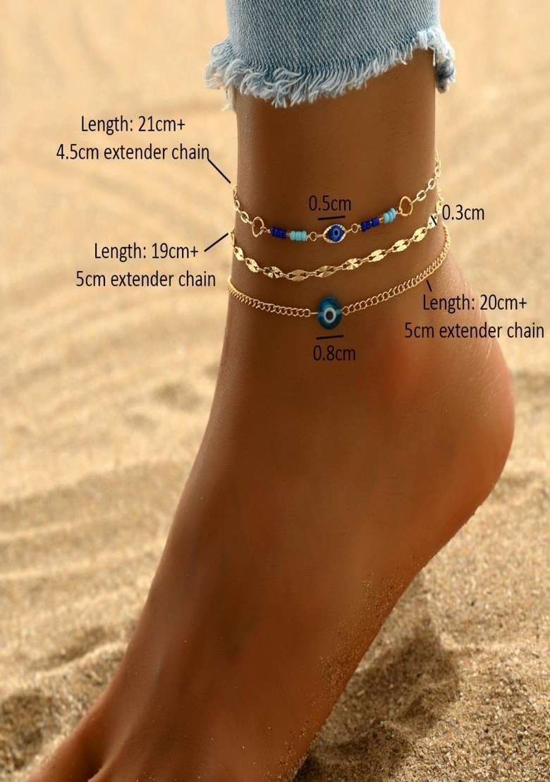 18K Plated Waterproof Antitarnish Evil Eye Multi Layered Chain Anklets(Set Of 3) - Indya