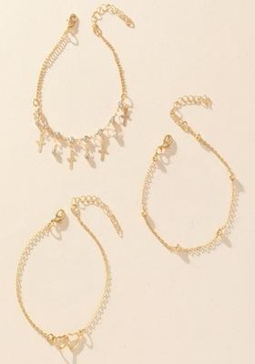 18K Plated Waterproof Antitarnish Cross Heart Layered Chain Anklets(Set Of 3)