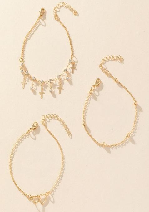 18K Plated Waterproof Antitarnish Cross Heart Layered Chain Anklets(Set Of 3)