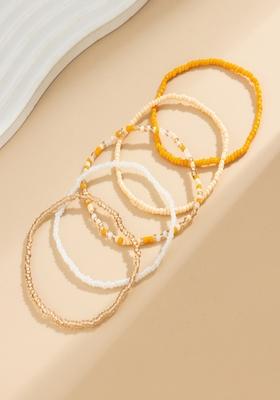 Set Of 5 Multicolor Orange Stretchable Bohemian Boho Elasticated Beaded Anklets