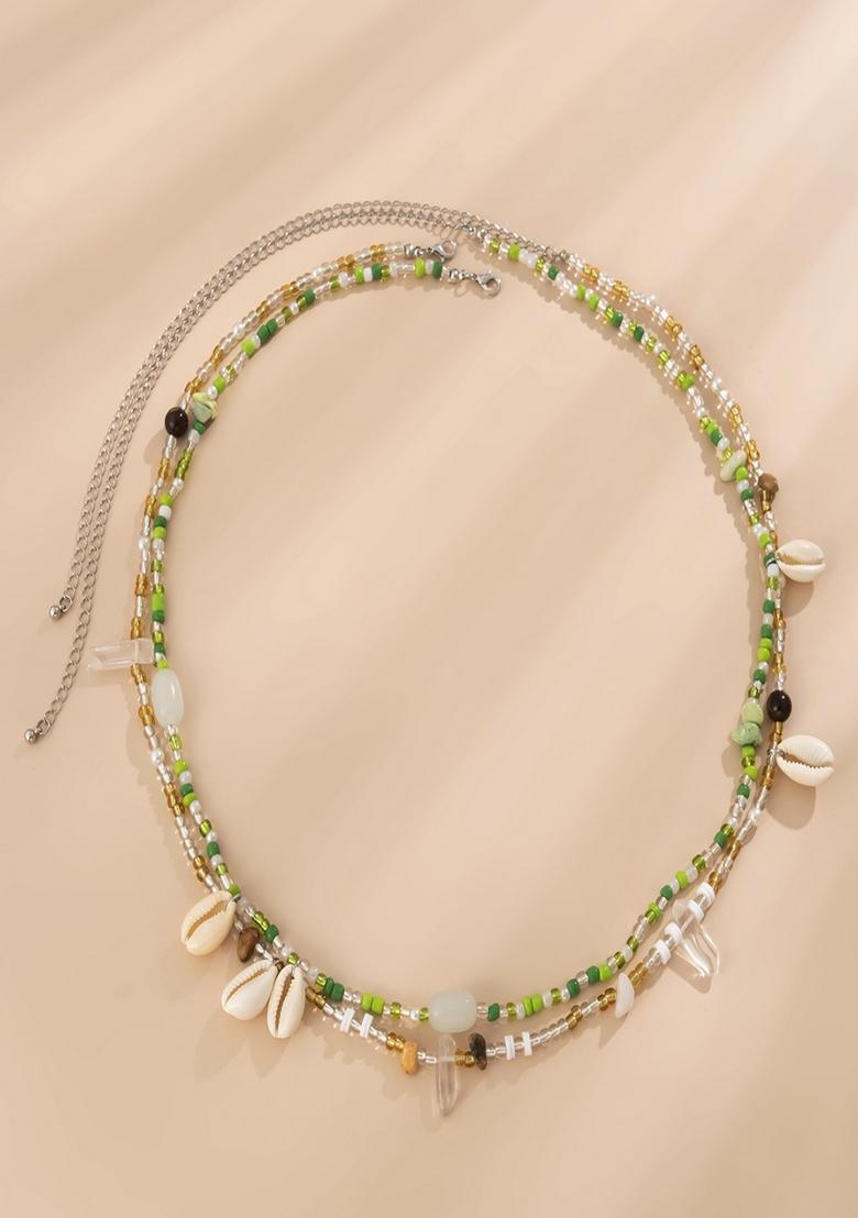 Boho Style Cowrie Shell With Green And Brown Beads Beaded Waist Chain (Set Of 2) - Indya