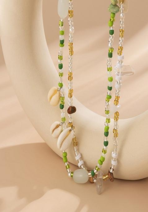 Boho Style Cowrie Shell With Green And Brown Beads Beaded Waist Chain (Set Of 2)