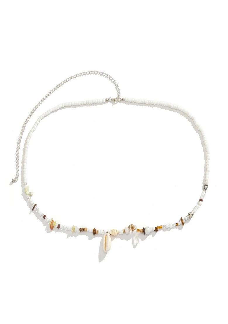 Boho Style White Cowrie Shell With Beads And Sea Stones Beaded Waist Chain - Indya