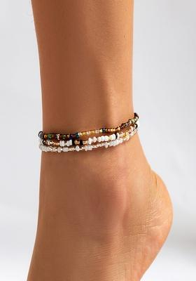 Set Of 3 Multicolor Boho Beaded Stretchable Anklets