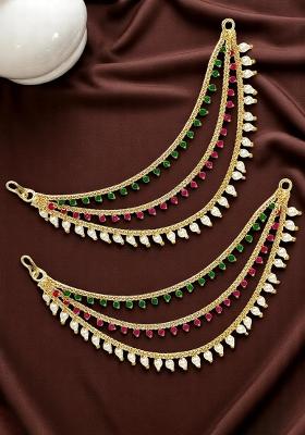 Gold Plated Multi Color Beaded 3 Layered Ear Chain