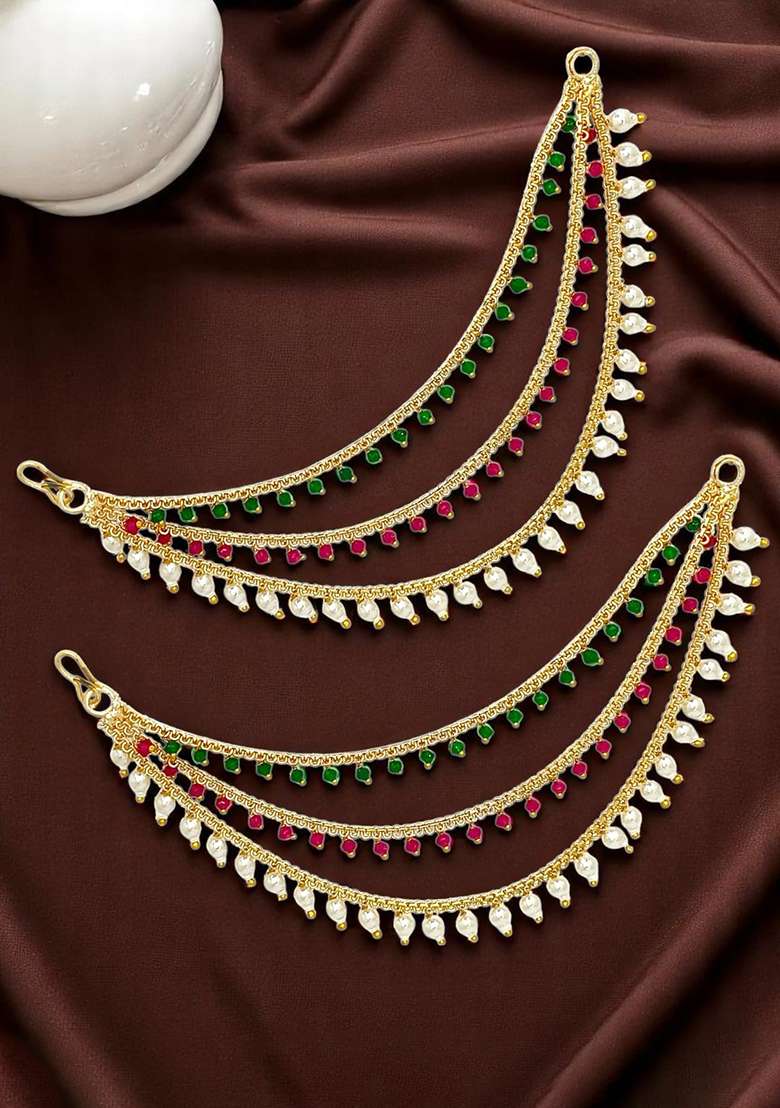 Gold Plated Multi Color Beaded 3 Layered Ear Chain - Indya