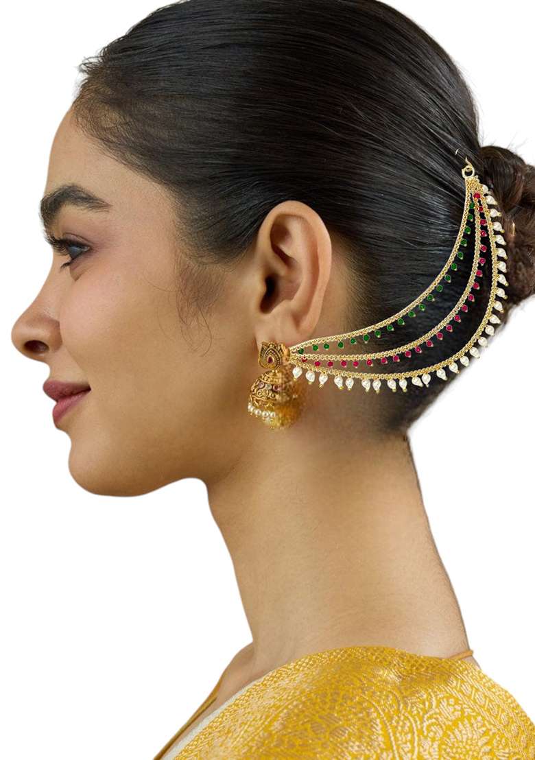 Gold Plated Multi Color Beaded 3 Layered Ear Chain - Indya