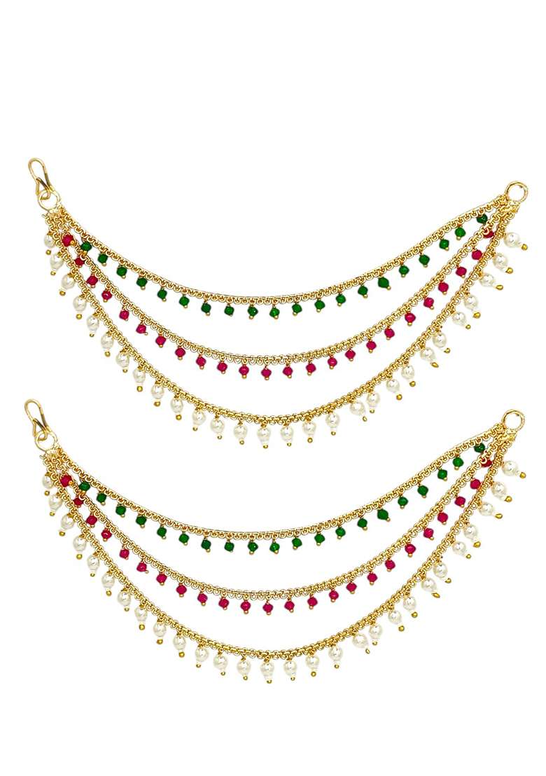 Gold Plated Multi Color Beaded 3 Layered Ear Chain - Indya