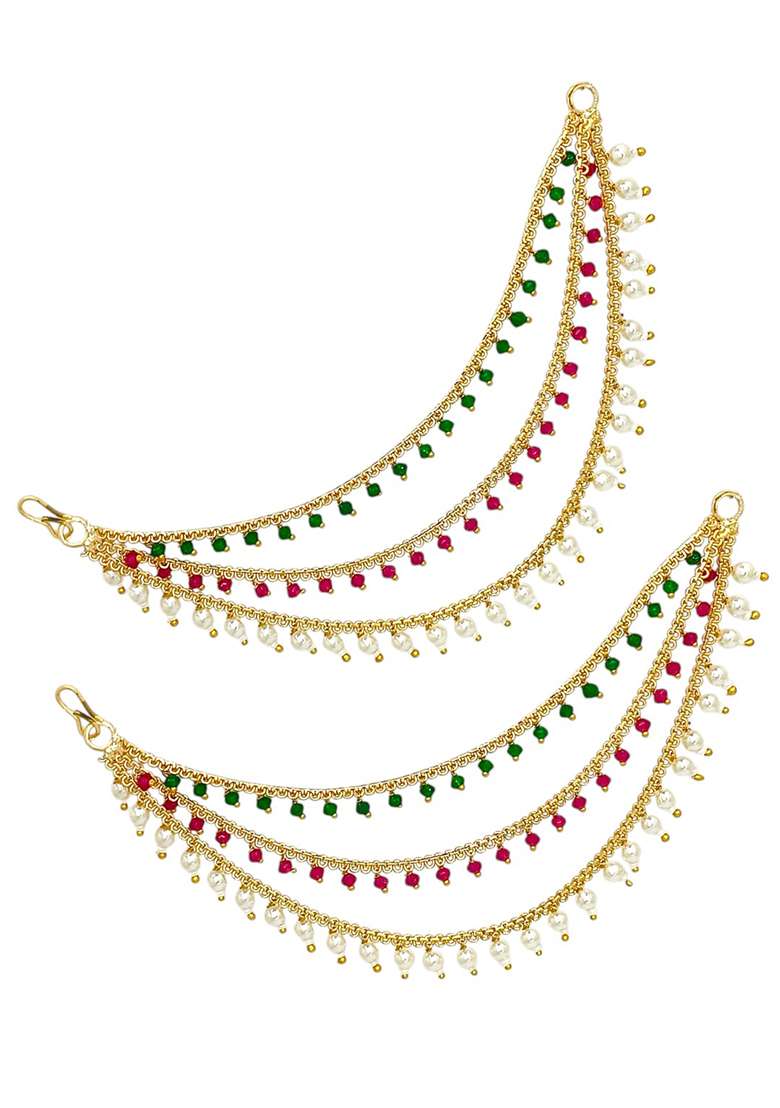 Gold Plated Multi Color Beaded 3 Layered Ear Chain - Indya