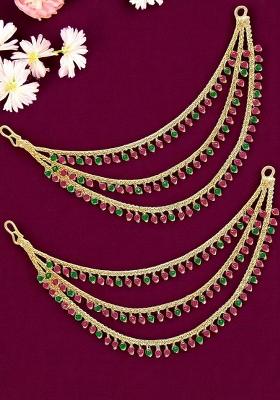 Gold Plated Multi Color Beaded 3 Layered Ear Chain