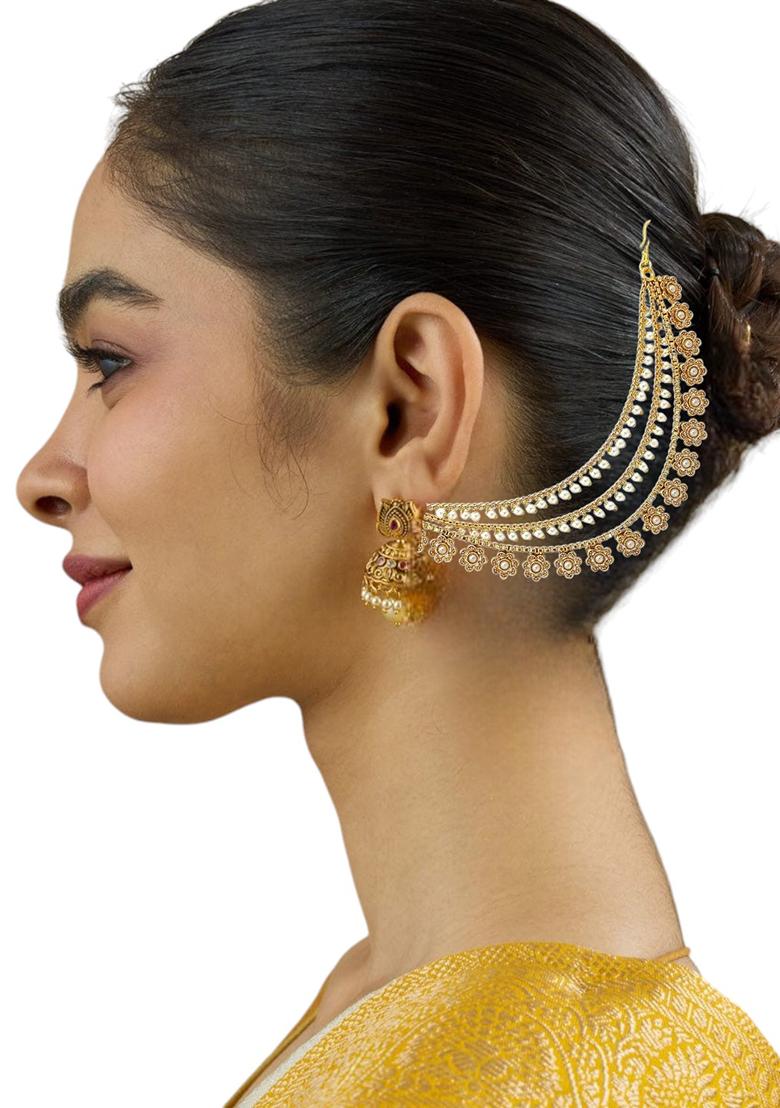 Gold Plated Beaded 3 Layered Ear Chain - Indya
