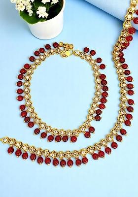 Gold Plated Maroon Beaded Flower Design Anklet