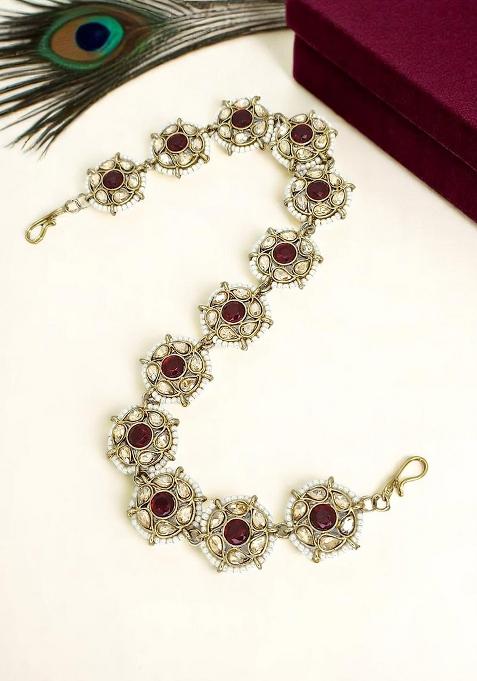 Gold Plated Red Stone Flower Design Matha Patti