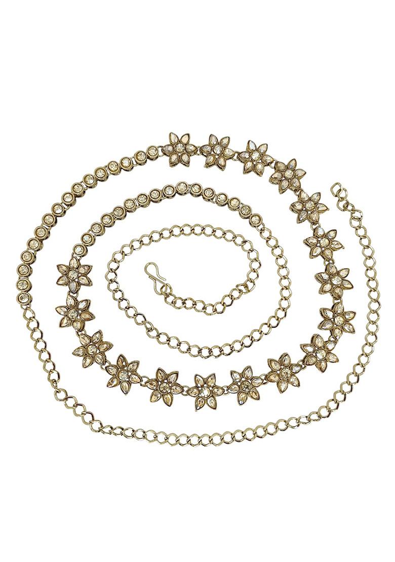 Gold Plated Stone Studded Flower Design Waist Chain