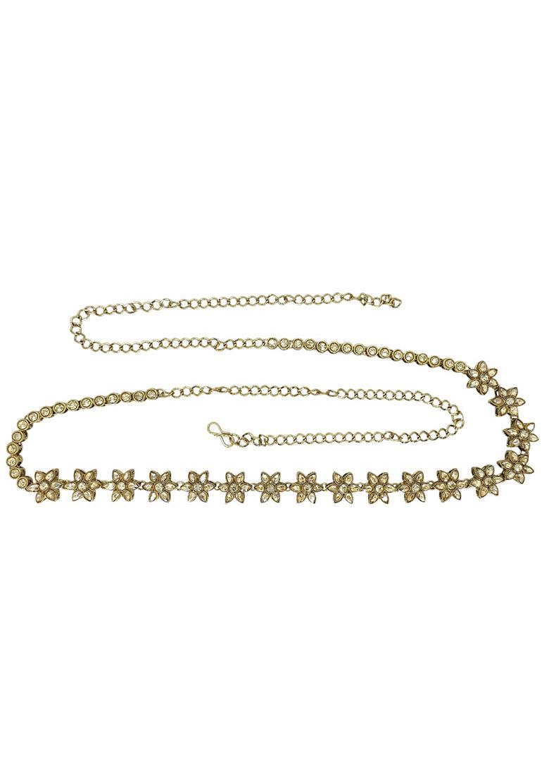 Gold Plated Stone Studded Flower Design Waist Chain