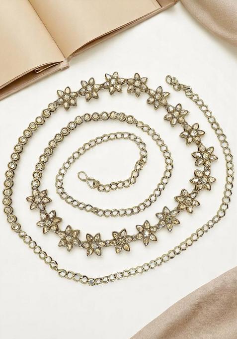 Gold Plated Stone Studded Flower Design Waist Chain