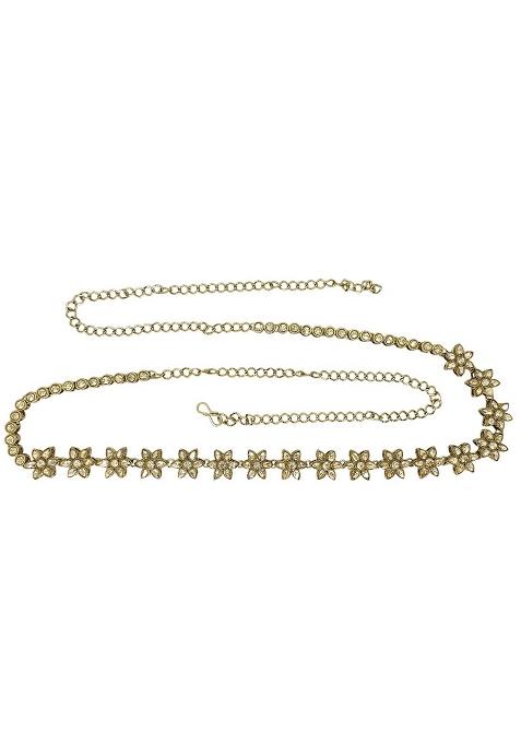 Gold Plated Stone Studded Flower Design Waist Chain