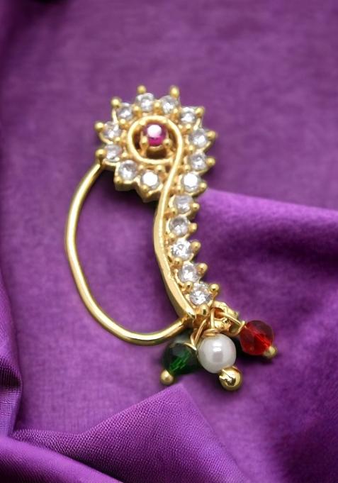 Maharashtrian Style Long Gold Plated Nose Ring