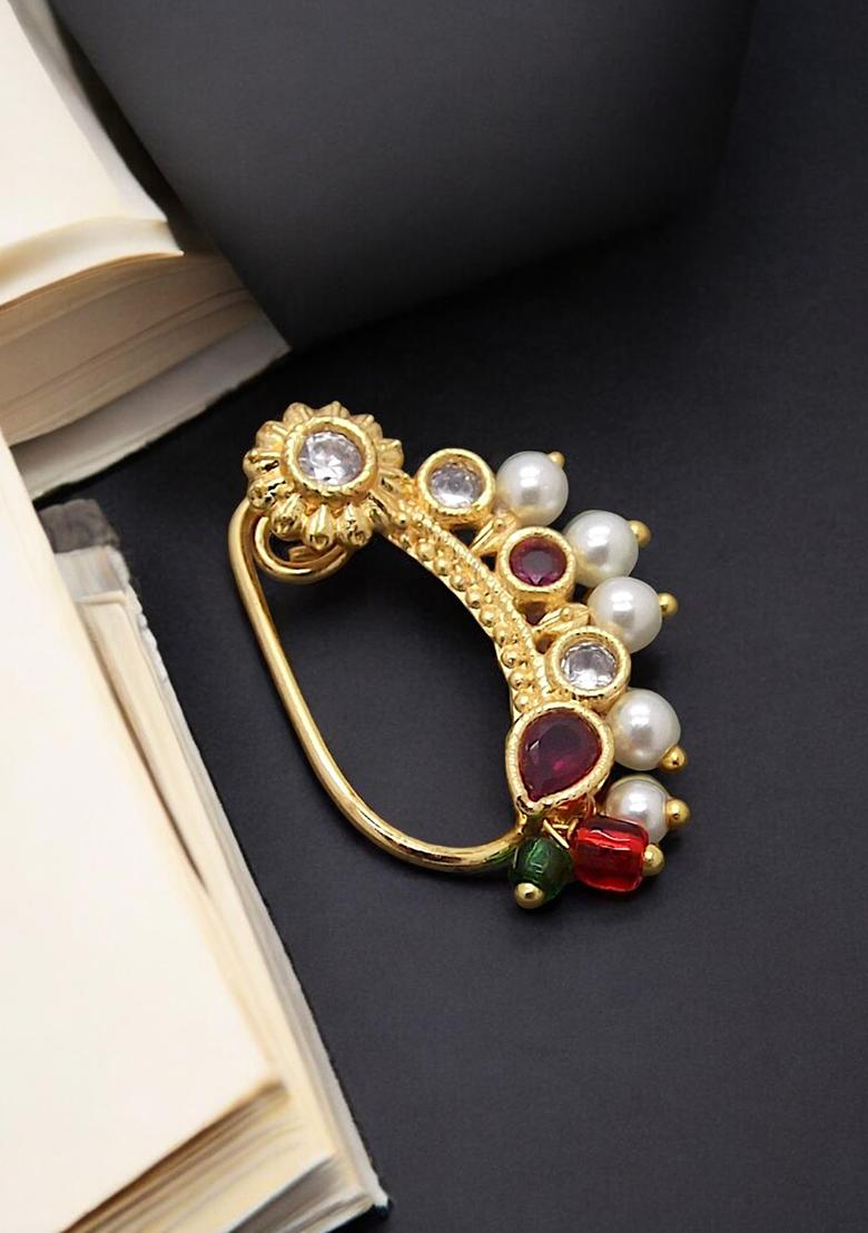 Gold Plated Ruby Pearl Studded Clip On Nose Ring