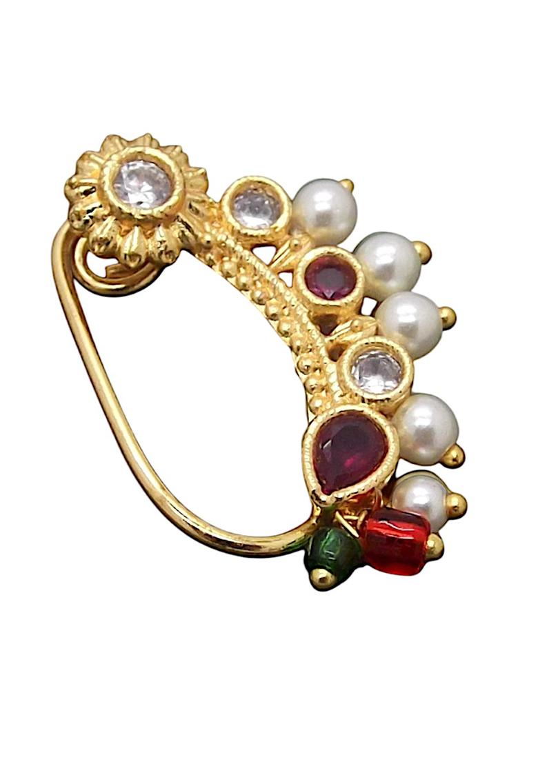 Gold Plated Ruby Pearl Studded Clip On Nose Ring