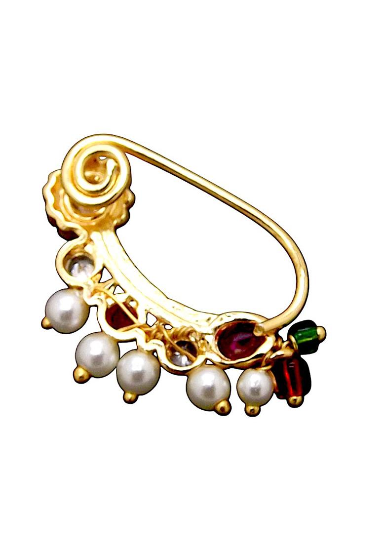 Gold Plated Ruby Pearl Studded Clip On Nose Ring