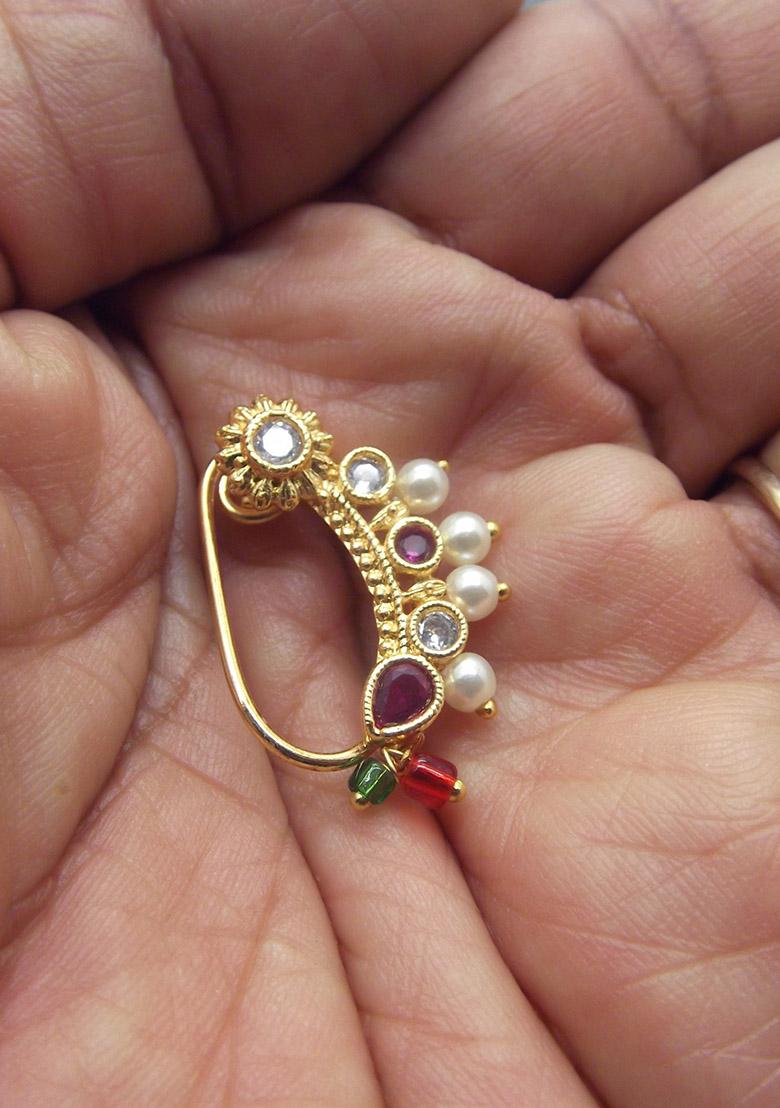 Gold Plated Ruby Pearl Studded Clip On Nose Ring