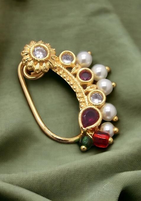 Gold Plated Ruby Pearl Studded Clip On Nose Ring