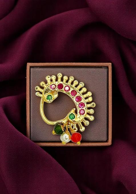 Gold Plated Stone Studded Peacock Clip On Nosepin