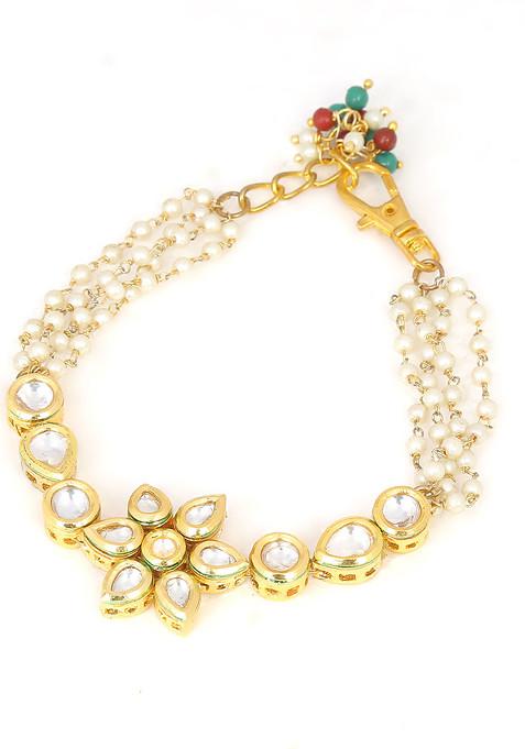 Multicolour Bead Floral Kundan Gold Tone Bracelet